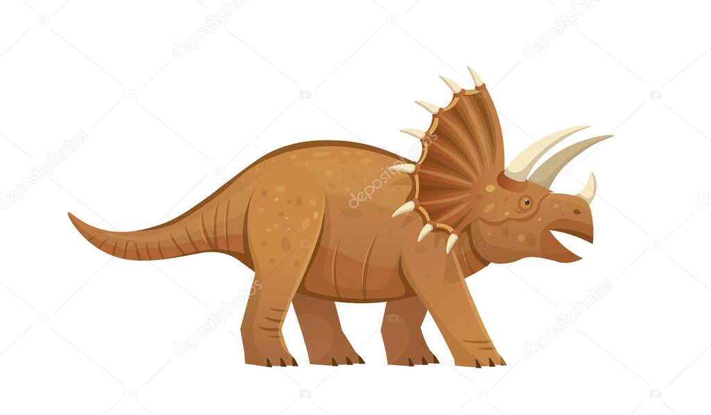 Triceratops was dangerous dinosaur. Triceratops bearing a large bony frill and three horns on the skull. Vector cartoon dinosaur.