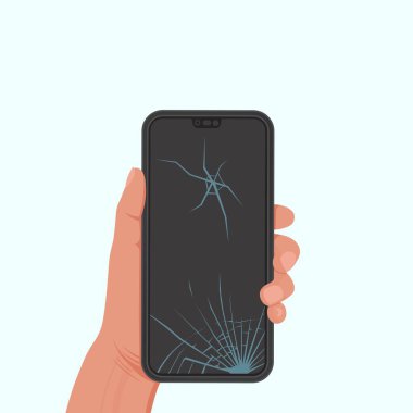 Elinde kırık bir ekran olan telefon. Düz biçimli vektör illüstrasyonu