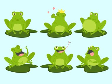 Set of cute cartoon frogs. Cute, croaking, in love, laughing, frightened, hungry. Vector illustration. clipart