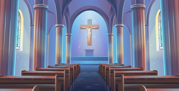主教座堂的内部视图 天主教教堂的内部 十字架上有耶稣 卡通矢量图解 — 图库矢量图片