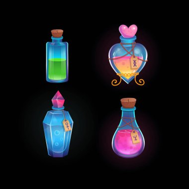 Farklı şişelerde sihirli iksirler. Aşk iksiri, yeşil, mavi ve pembe iksirler. Çizgi film vektör çizimi. Oyunlar ve mobil uygulama için simge.