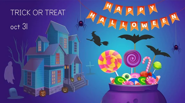 Bannière Halloween Avec Chaudron Avec Bonbons Maison Illustration Vectorielle Dessin — Image vectorielle