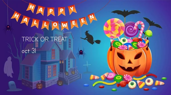 Halloween Spandoek Met Pompoenen Met Snoep Huis Cartoon Vector Illustratie — Stockvector