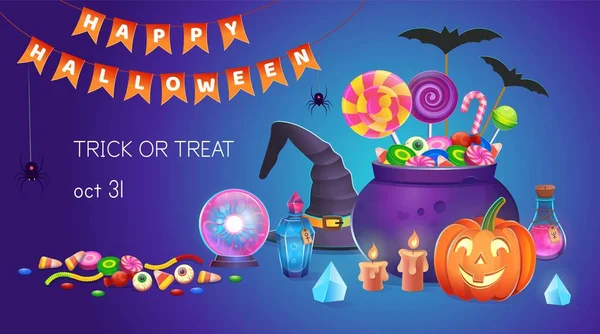 Bannière Halloween Avec Des Citrouilles Avec Des Bonbons Chapeau Sorcière — Image vectorielle