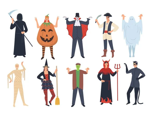 Ensemble Personnages Dessins Animés Halloween Citrouille Vampire Mort Fantôme Sorcière — Image vectorielle