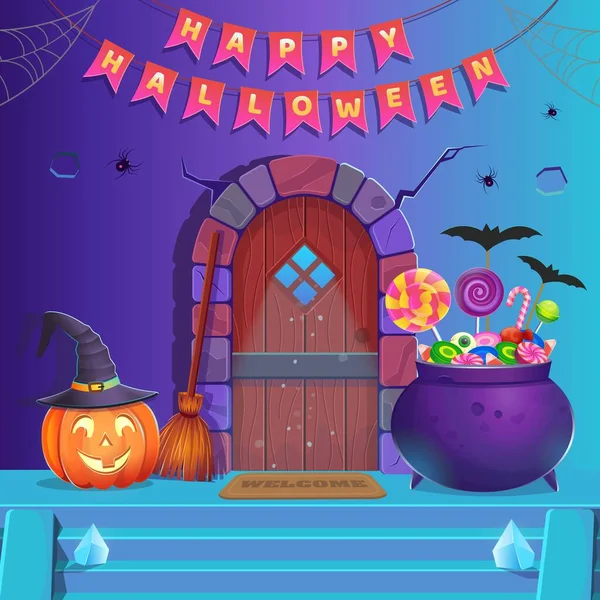 Joyeux Halloween Intérieur Chambre Halloween Avec Porte Chaudron Citrouilles Bonbons — Image vectorielle