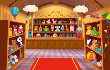 Toy shop with shelves of toys. Big set of colorful toys for children. Cartoon vector illustration. clipart