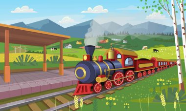 Köyde tren istasyonu olan eski bir tren. Vektör karikatür çizimi..