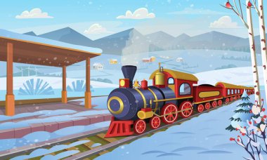 Kışın köyde tren istasyonlu eski bir Noel treni. Vektör karikatür çizimi..