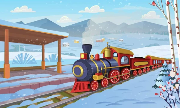 Vecchio Treno Natale Con Stazione Ferroviaria Nel Villaggio Inverno Illustrazione — Vettoriale Stock