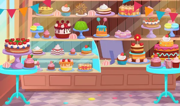 コンセプト 中のペストリー店内 カフェやキャンディストア ケーキやペストリーは棚の上にあります 休日のケーキやペストリーのセット ハッピーバースデー カートゥーン ベクターグラフィックス