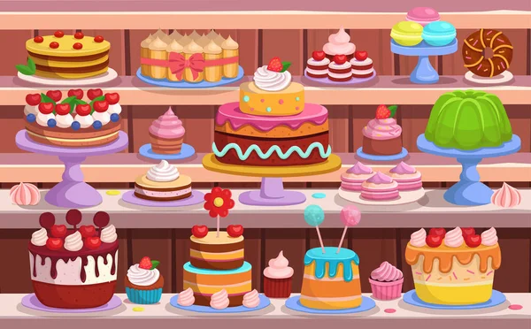 キャンディストア ペストリーとケーキショップ ケーキやペストリーは棚の上にあります 休日のケーキやペストリーの大きなセット 漫画スタイルでハッピーバースデーイラスト ストックイラスト