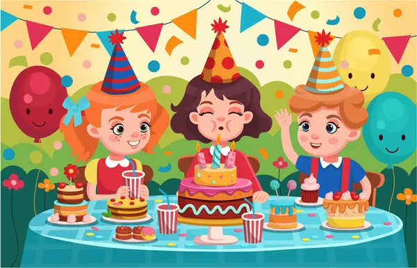子供の誕生日だった 子供たちはケーキやお菓子を持ったお祝いのテーブルに座ります 漫画スタイルでハッピーバースデーイラスト ロイヤリティフリーのストックイラスト