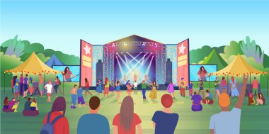 Açık hava müzik festivali. Müzik sahneleri, kollarını sallayan, dans eden, telefonlarında video çeken hayranların vektör çizimleri. Parlak illüstrasyon, el çizimi, gruplandırılmış ve katmanlanmış nesneler.