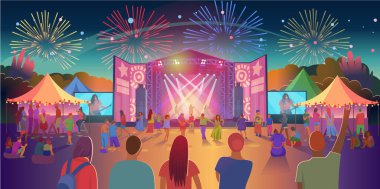 Açık hava müzik festivali. Müzik sahneleri, kollarını sallayan, dans eden, telefonlarında video çeken hayranların vektör çizimleri. Parlak illüstrasyon, el çizimi, gruplandırılmış ve katmanlanmış nesneler.