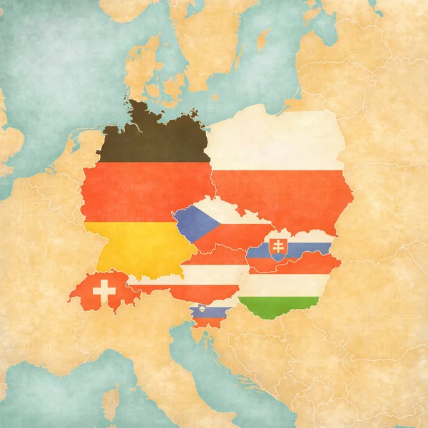 Mappa Dell Europa Centrale Con Bandiere Tutti Paesi Grunge Morbido — Foto Stock