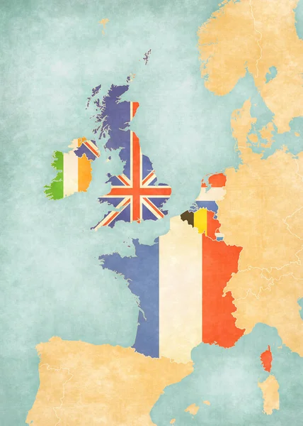 Steaguri Din Toate Țările Harta Europei Vest Stil Grunge Moale — Fotografie, imagine de stoc