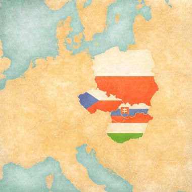 Visegrad Group (flags of countries) on the map of Central Europe in soft grunge and vintage style, like old paper with watercolor painting.  clipart