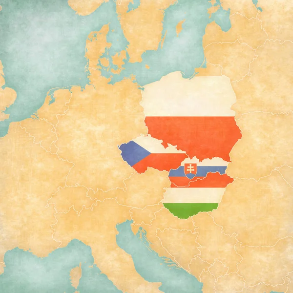 Visegrad Group Länderflaggen Auf Der Karte Mitteleuropas Soft Grunge Und — Stockfoto