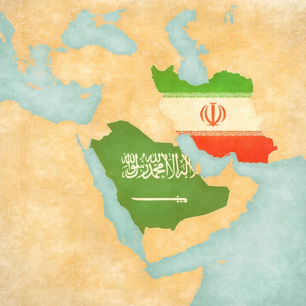 사우디 아라비아와 플래그 부드러운 빈티지 스타일 아시아 지도에 수채화 그림으로 — 스톡 사진
