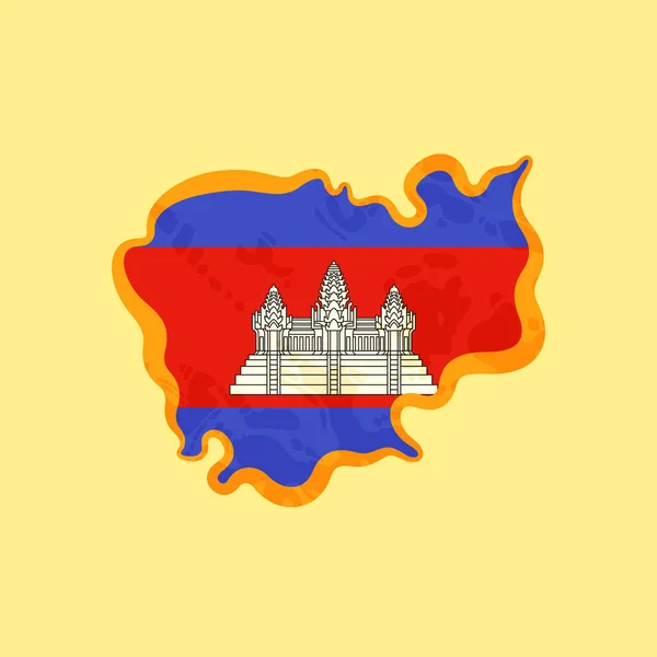 用柬埔寨国旗着色的柬埔寨地图和在垃圾复古风格中标明的黄金线 — 图库矢量图片