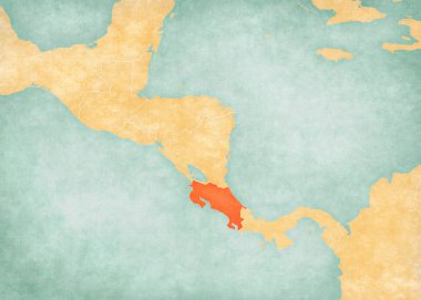 Costa Rica on the map of Central America in soft grunge and vintage style, like old paper with watercolor painting.  clipart