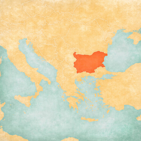 Bulgaria on the map of Balkans in soft grunge and vintage style, like old paper with watercolor painting. 