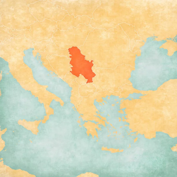 Serbia on the map of Balkans in soft grunge and vintage style, like old paper with watercolor painting.