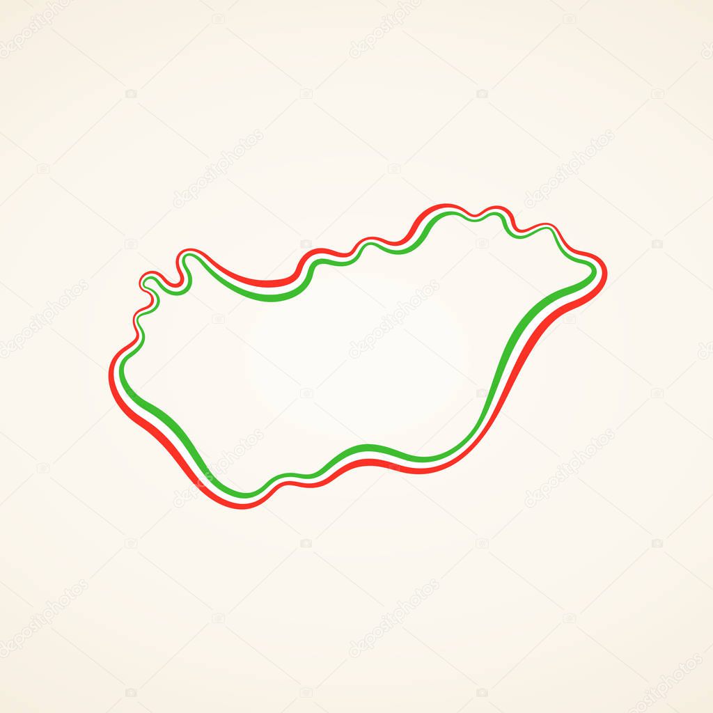 Outline map of Hungary marked with ribbon in colors from the flag.