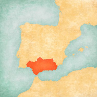 Andalusia İber Yarımadası Haritası yumuşak grunge ve eski kağıt üzerinde vintage tarzı üzerinde.