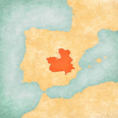 Castilla-La Mancha İber Yarımadası Haritası yumuşak grunge ve eski kağıt üzerinde vintage tarzı üzerinde.