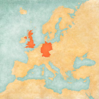 İngiltere ve Avrupa Haritası yumuşak grunge ve vintage tarzı, Almanya'ya suluboya resim ile eski kağıt gibi. 