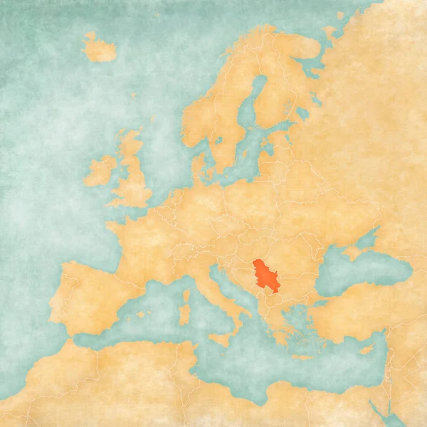 Serbia on the map of Europe in soft grunge and vintage style, like old paper with watercolor painting.