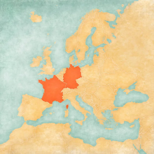 Германия Франция Карте Европы Мягком Гранже Винтажном Стиле Старая Бумага — стоковое фото