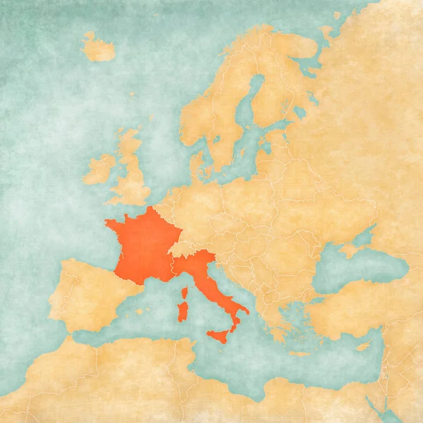 Franciaország Olaszország Európa Térképén Puha Grunge Vintage Stílusú Mint Régi — Stock Fotó