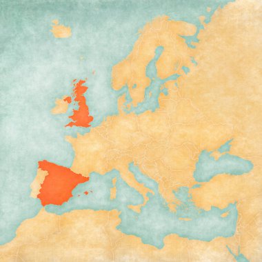 İngiltere ve İspanya Avrupa Haritası yumuşak grunge ve vintage tarzı, tarih suluboya resim ile eski kağıt gibi. 