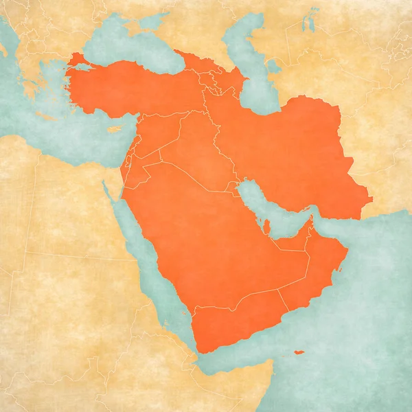 Countries of Western Asia on the map in soft grunge and vintage style, like old paper with watercolor painting.