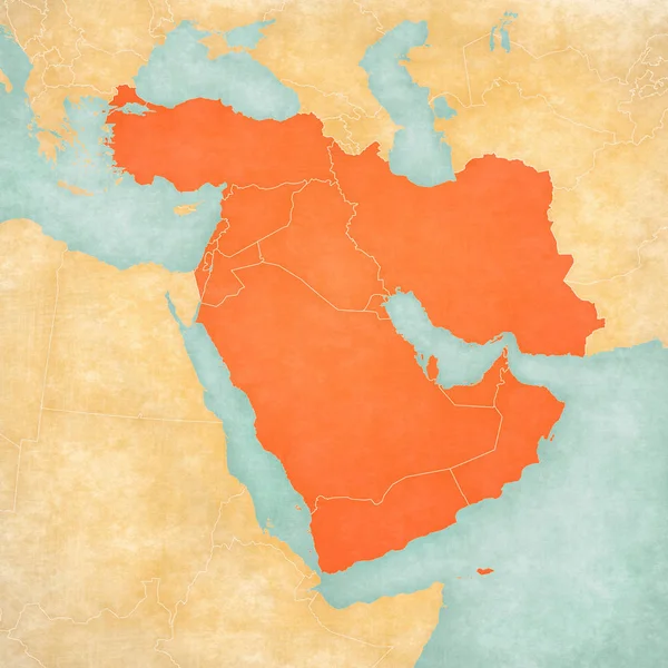 Countries of Middle East on the map in soft grunge and vintage style, like old paper with watercolor painting.