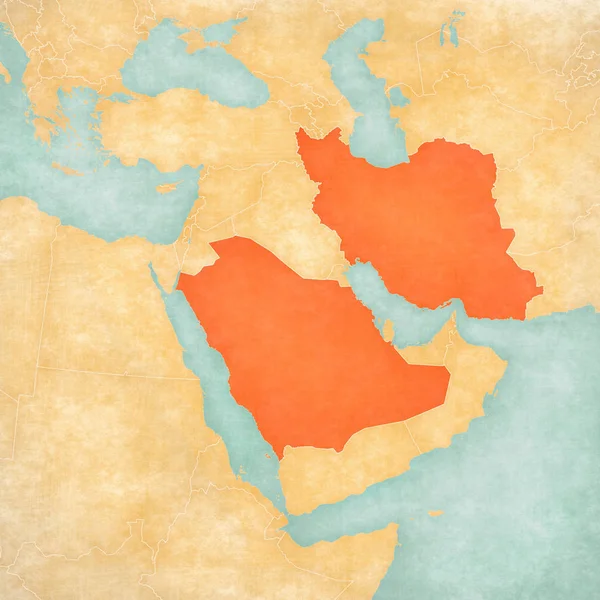 Saudi Arabia and Iran on the map of Middle East (Western Asia) in soft grunge and vintage style, like old paper with watercolor painting.