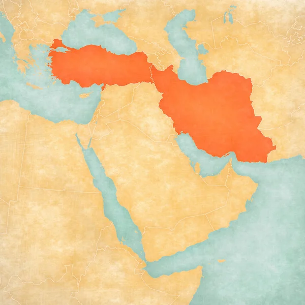 Turkey and Iran on the map of Middle East (Western Asia) in soft grunge and vintage style, like old paper with watercolor painting.