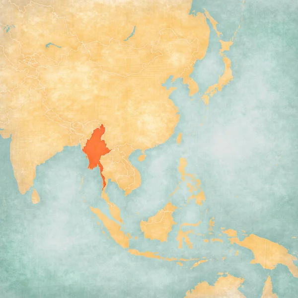 Myanmar on the map of East and Southeast Asia in soft grunge and vintage style, like old paper with watercolor painting.