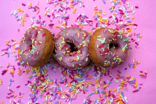 Donut Donuts Sprinkles Doughnuts Pink Bright Sugar Strands Background 100S — Stock Photo, Image