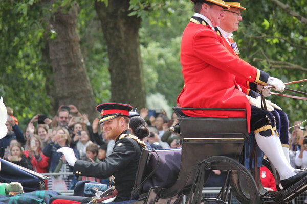 Meghan Markle & Prince Harry stock, London uk,  8 June 2019- Meghan Markle Prince Harry Kate Middleton Camilla Parker Bowles Trooping the colour Royal Family Buckingham Palace stock Press photo