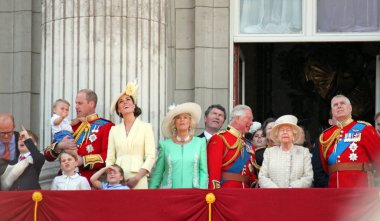 Queen Elizabeth London uk 8 Haziran 2019- Meghan Markle PrensHarry George George Charles Charles Kate Middleton & Louis Prenses Charlotte ve Camilla Parker Bowles renkli Trooping de Royal Family Buckingham Palace stok Basın fotoğraf