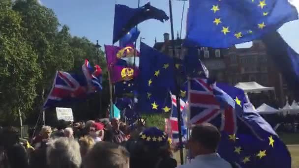 ロンドン 2019年9月17日 カメラクルー 欧州連合の旗の外にある反ブレグジット抗議者 株式映像ビデオ — ストック動画