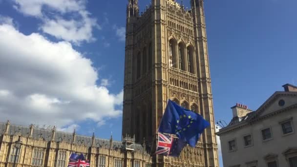 2019年9月17日 国会大厦外的反英国退欧抗议者 摄制组和欧盟旗帜 股票视频 — 图库视频影像