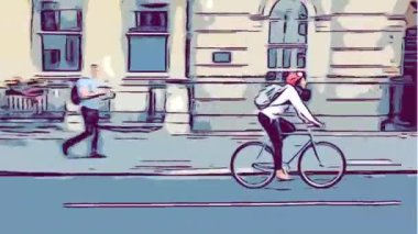 Bisiklete binmek, bisiklet sürmek, Londra 'nın çizgi roman tarzı animasyon videoları boyunca takip etmek.