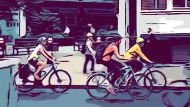 Fiets Duwen Fiets Rijden Tracking Door Stad Londen Stripboek Stijl — Stockvideo