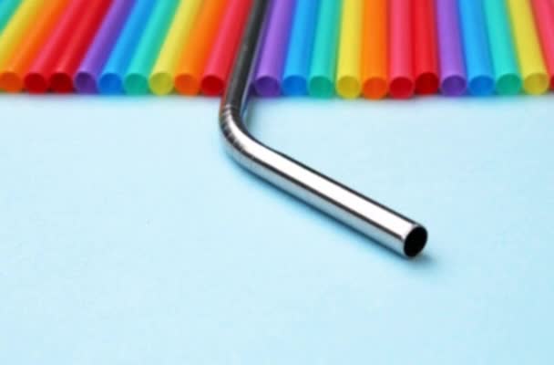 Straw Metal Straws Plastic Free Drinking Background Colourful Full Screen — Stock Video