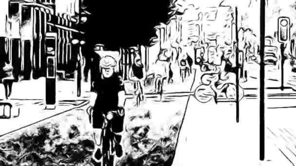 サイクル自転車プッシュ自転車市内を通過追跡ロンドン漫画スタイルのアニメーションストックビデオ — ストック動画